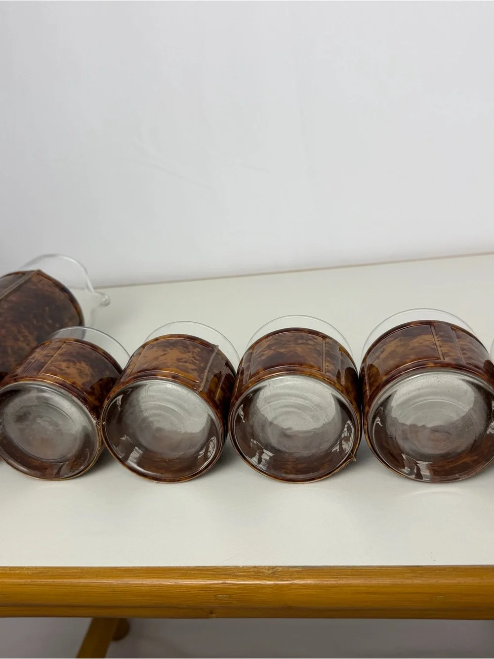 1960s Vintage Faux Tortoiseshell Glass Pitcher 5 Tumblers MCM Barware Set
